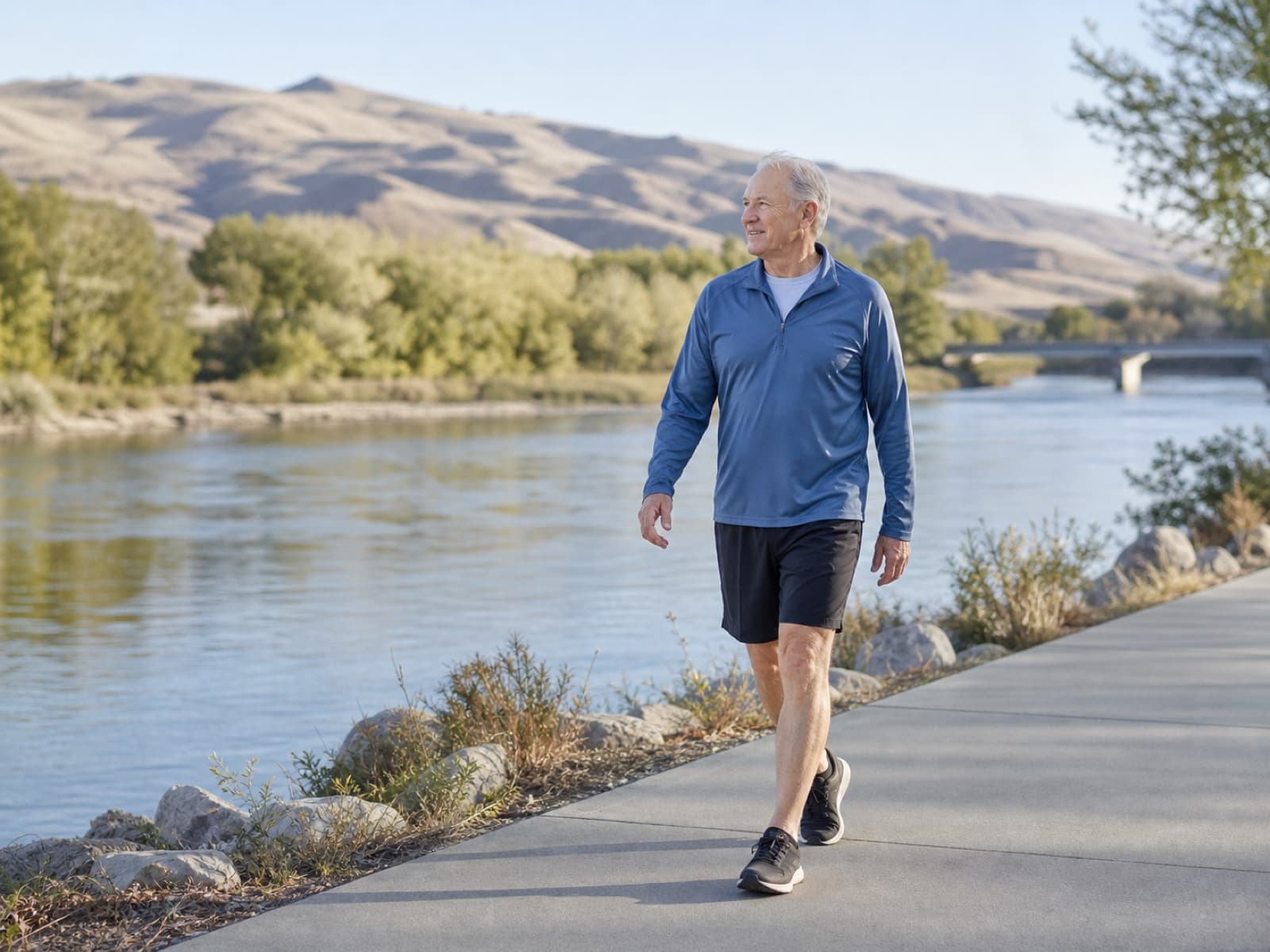 An older man walking comfortably beside a river